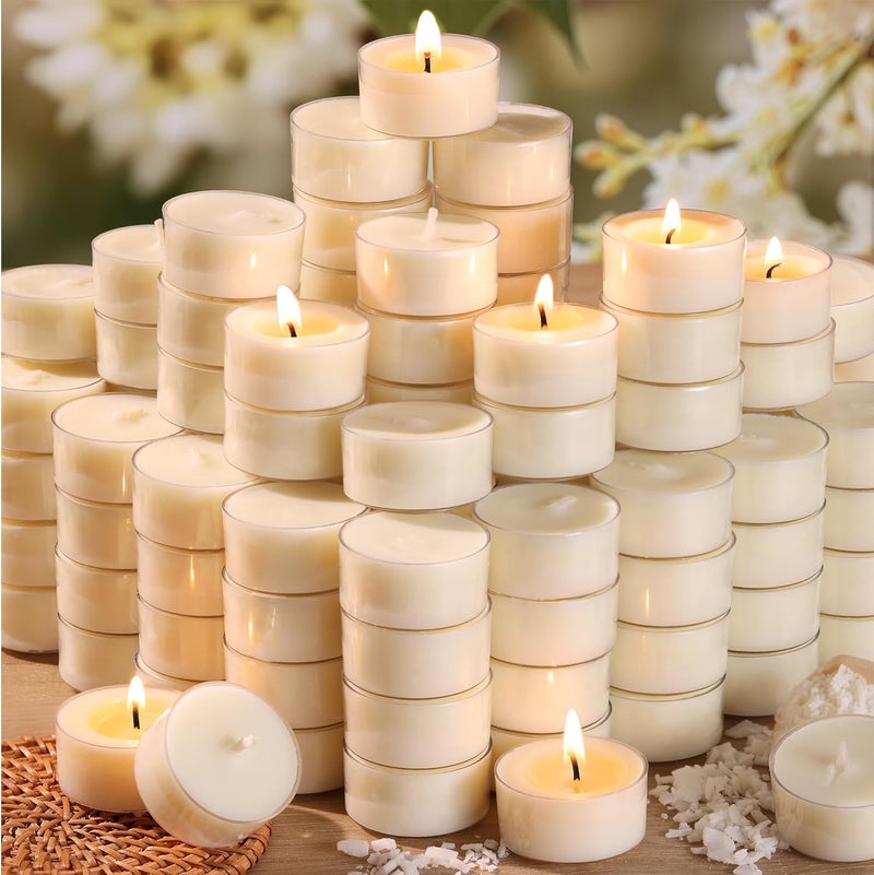 Devi 6 Hour Soy Tea Lights Candles Bulk 100 Pack, Soy White Tea Lights Bulk-6 Hours Long Burning, Unscented Small Votives Bulk for Wedding, Party Centerpieces - Image 1